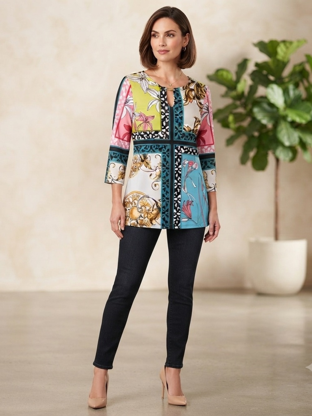 Style & Co. Multicolor Patchwork Keyhole Tunic